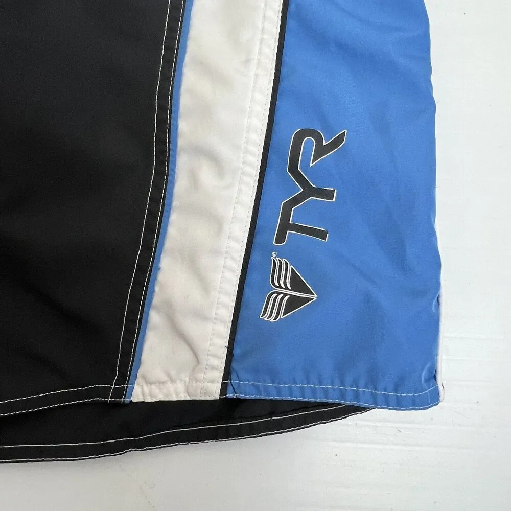 TYR Swim Trunks Men's 34 Navy/White/Blue Striped Drawstring Non-Lined Logo